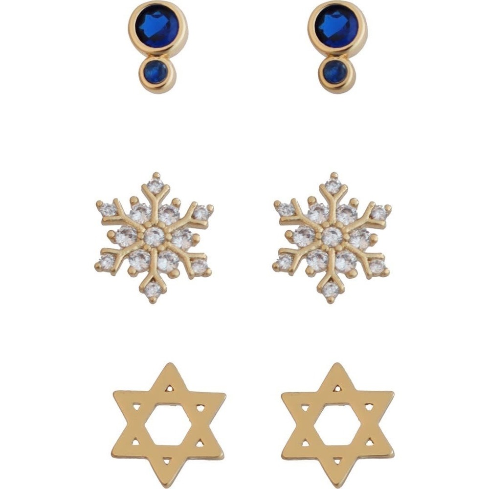 Panacea Set of 3 Chanukah/Hanukkah Holiday Stud‎ Earrings - Gold/Blue - NWT